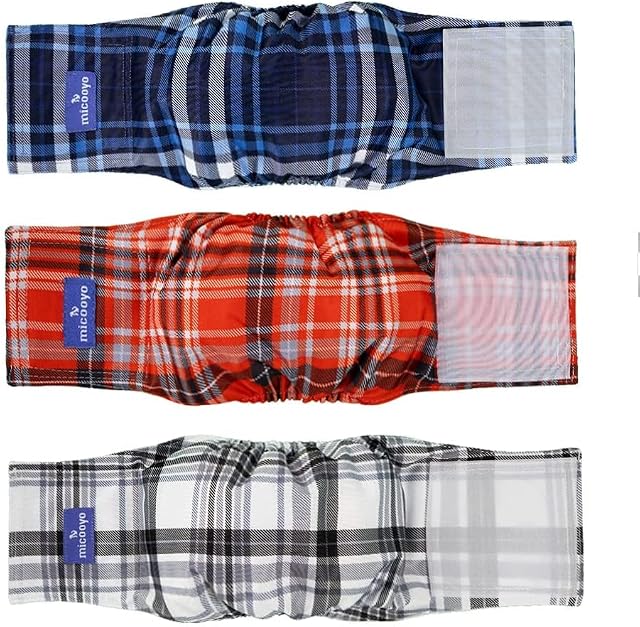 MICOOYO Reusable Dog Nappies Male 3-Pack | Washable Belly Bands for Dogs | Super Absorbent Durable Dog Diapers Wrap for Medium Doggie (Red & Blue & Grey, M)