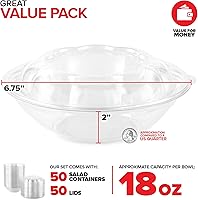 Vista 2 de Stock Your Home Cuencos de Ensalada de Plástico Transparente de 18 oz con Tapas Desechables (Paquete de 50) Mini Recipiente para Llevar con Tapa a