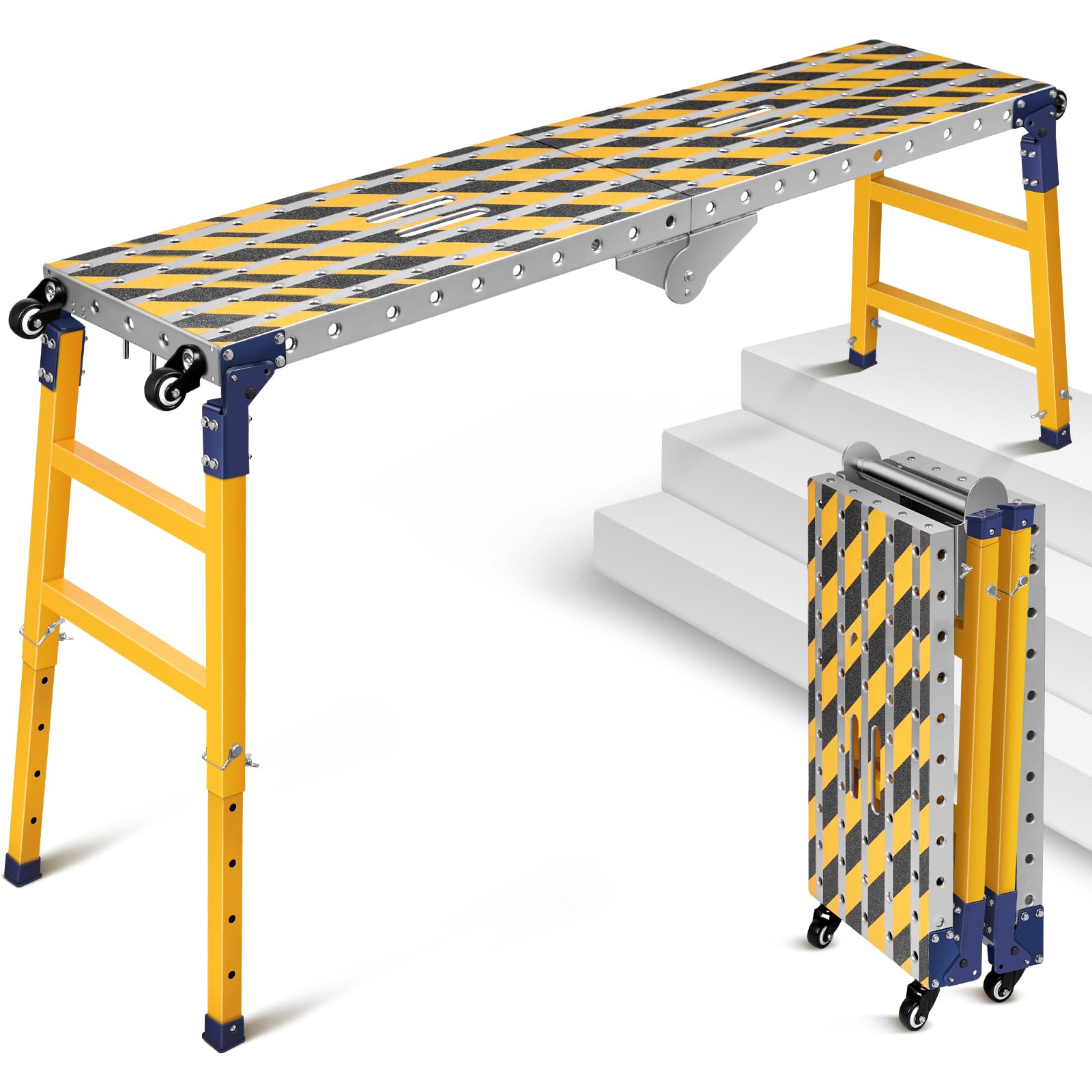2 in 1 Stabil Arbeitsplattform + Mobiler Schweißtisch mit Antirutsch Klebestreifen, 160 * 36 cm Klappbare Arbeitsbühne Gerüst Werkbank Verzinkte mit Höhenverstellbar, 500 kg Belastbarkeit
