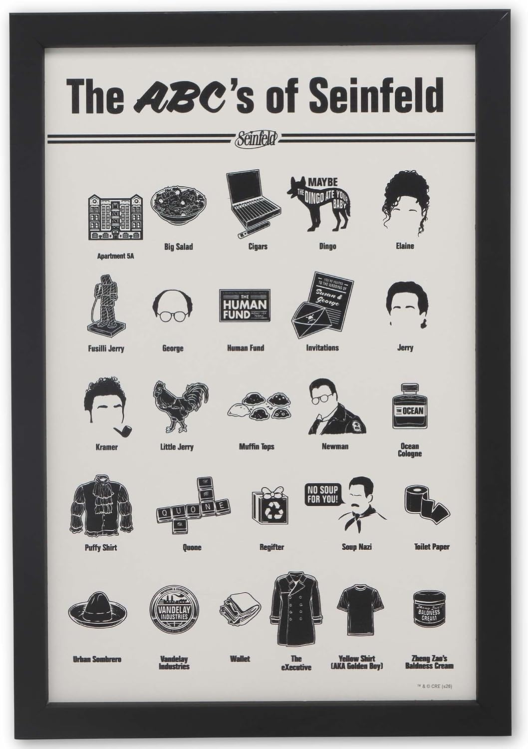 Seinfeld Alphabet Framed Wood Wall Decor - Funny ABC's of Seinfeld Wall Art for Home or Office