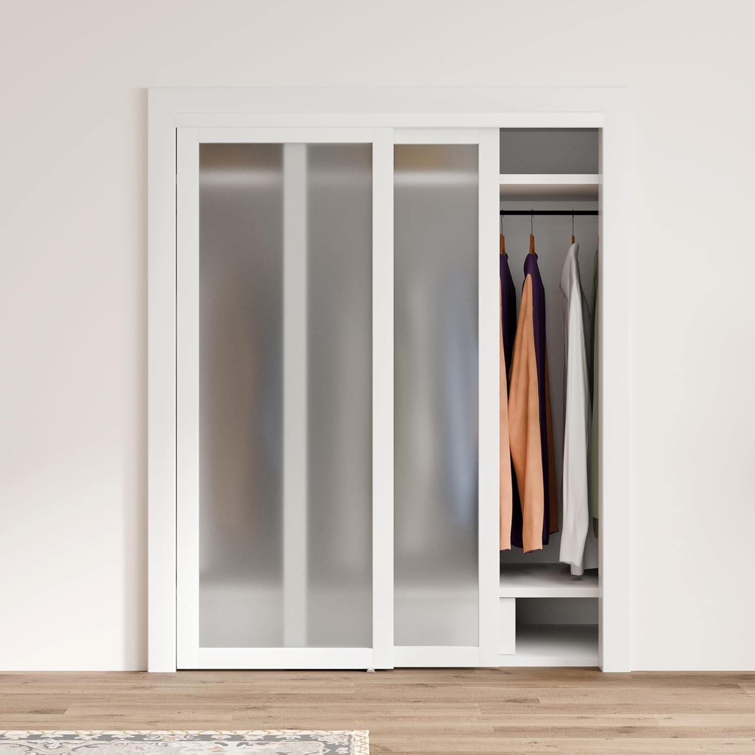 Double Sliding Closet Door, 96" × 80"(Double 48" × 80"), Double Frosted 3 Panel Glass Sliding Door, Hardware Include, Pre-Drilled Panel Need to Assemble, MDF, White