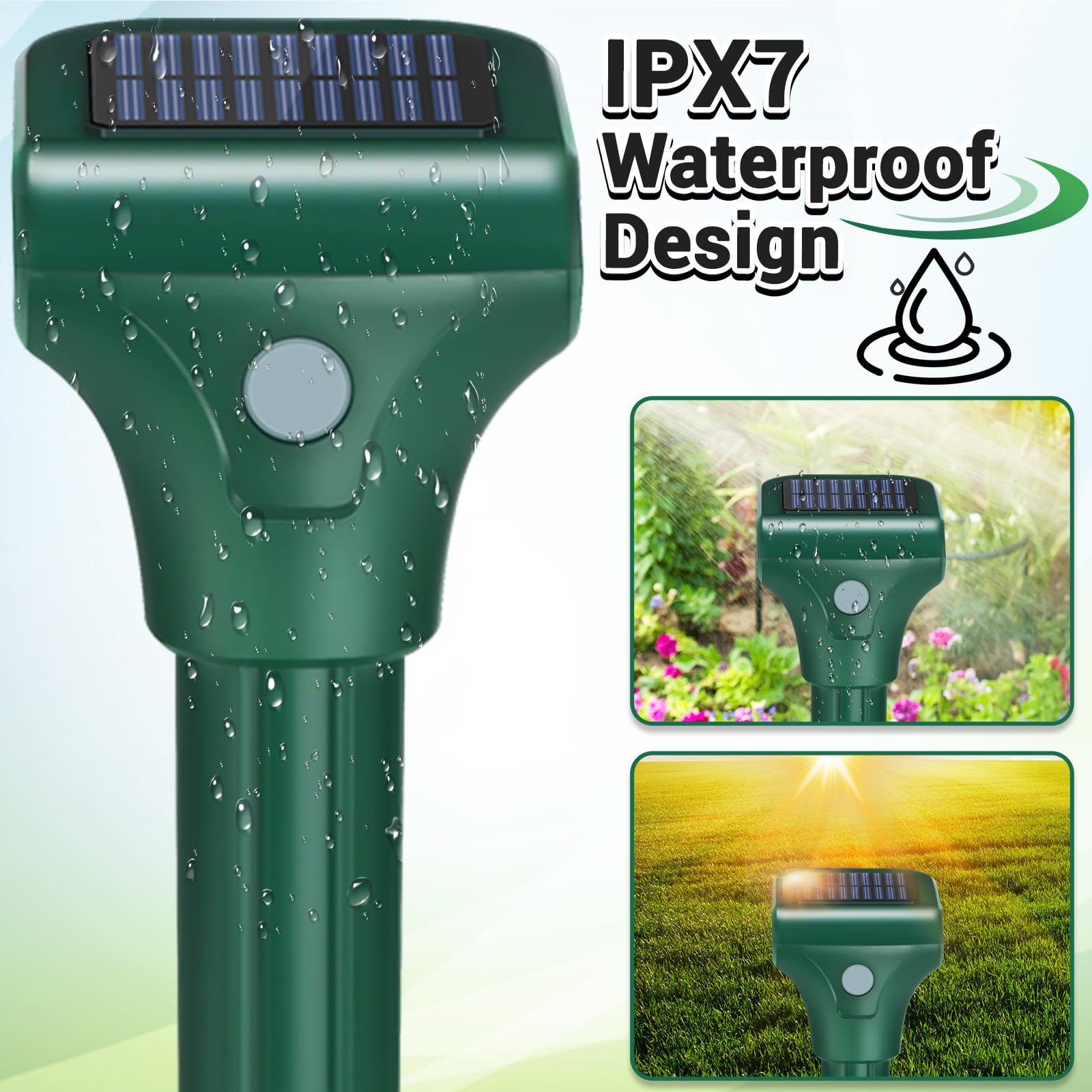 Repelente de topos para césped, paquete de 4, repelente solar ultrasónico de topos, IPX7 impermeable, estacas de vibración de campañol para patio, estaca disuasoria de topos para ardilla, marmota,