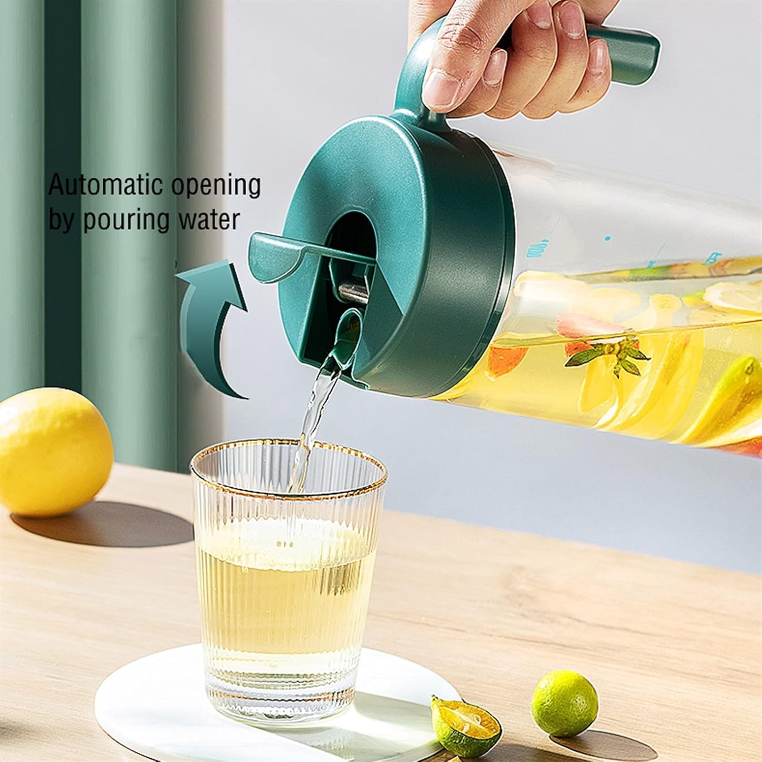 Kettles Large-Capacity Glass Pitcher with Precision Graduation Line Glass Carafe with Handle and Lid Can Automatically Opened and Closed Canteen(C)