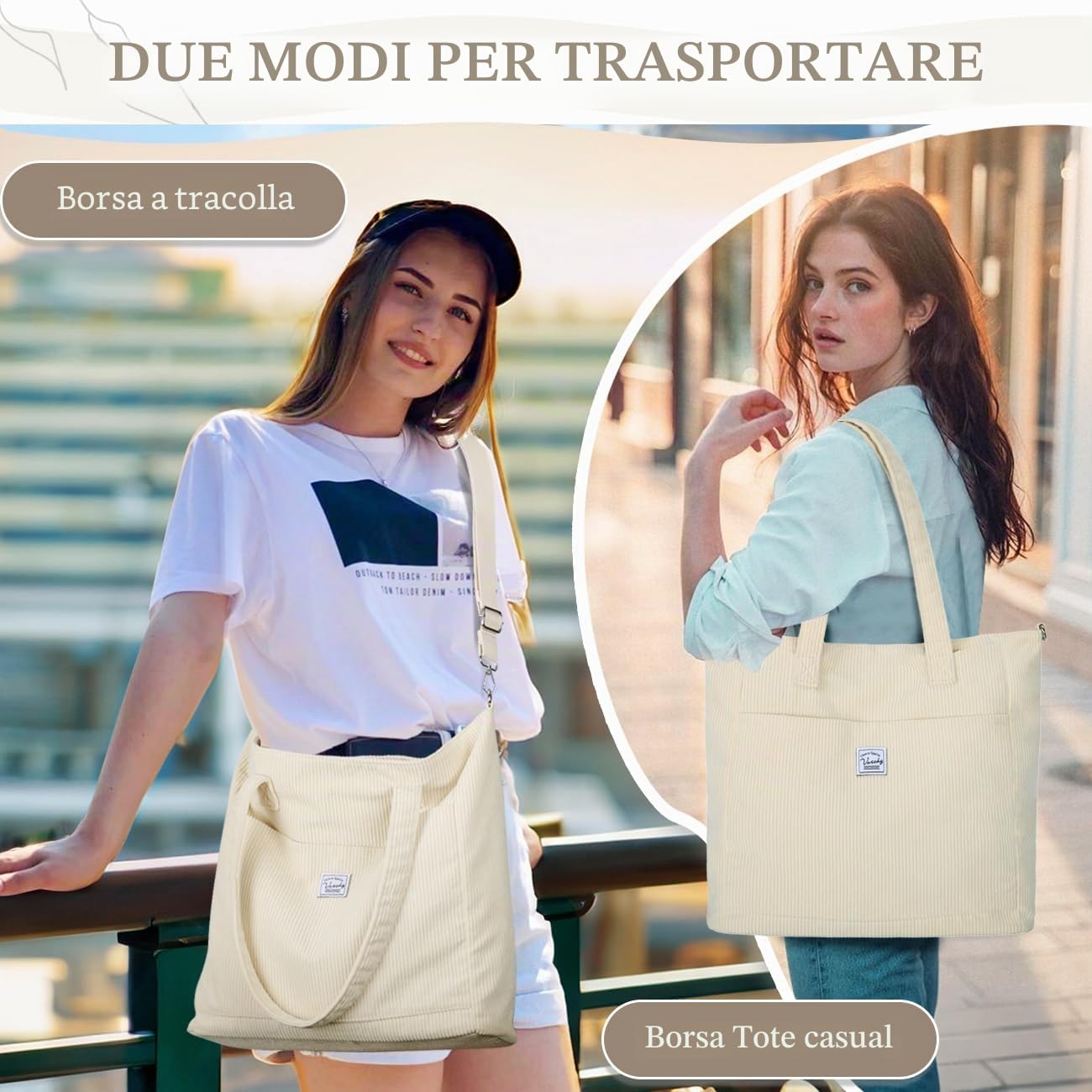 VASCHY Tote Bag, Borsa Donna Grande Borsa Università Donna Velluto a Coste Borsa Mare Borsa da Viaggio/Shopping/Lavoro/Ufficio/Scuola Regalo di Natale