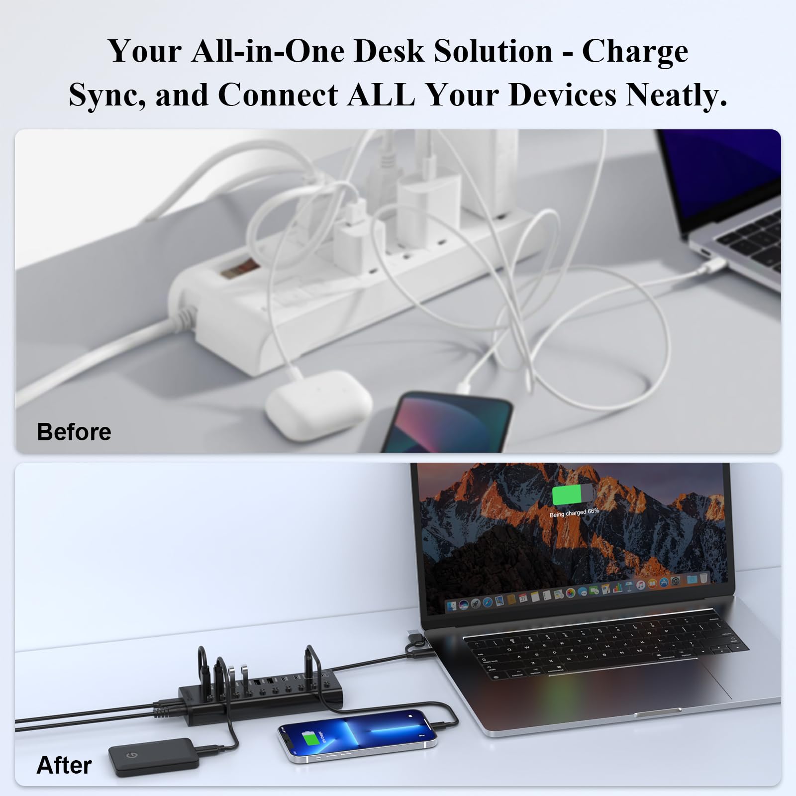 Hub USB alimentato, hub USB C a 10 porte con 5 porte USB-A 3.2 e 2 porte USB-C 3.2, porte di ricarica BC1.2 e 2 x PD da 45 W, interruttori singoli e adattatore di alimentazione 24V/3A, estensione USB