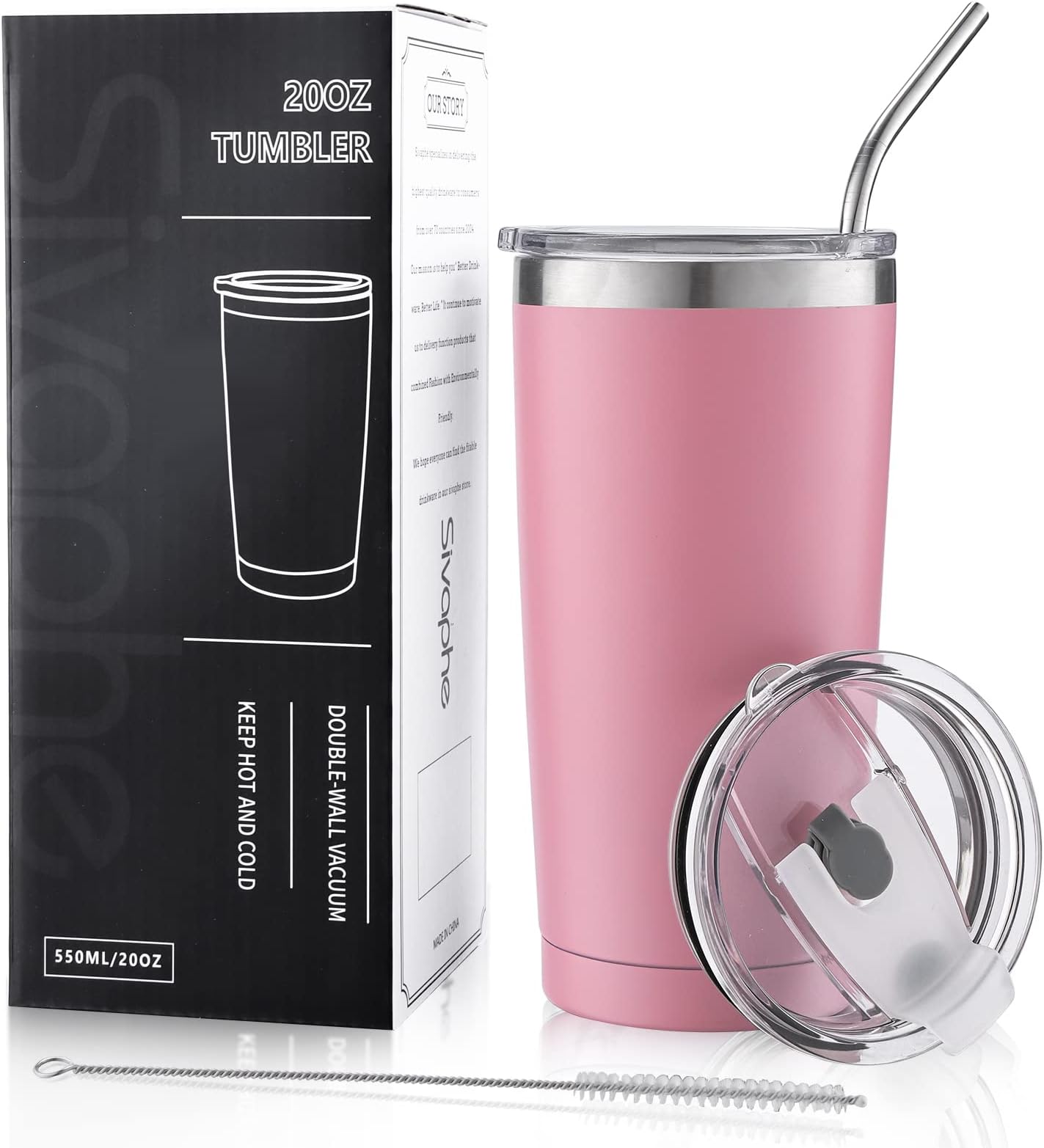 Sivaphe 20oz Tumbler with Lid Stainless Steel, Insulated Coffee Travel Mug, Durable Power Coated Thermal Cup, Women Birthday Gift Idea for Her Girl (Pink