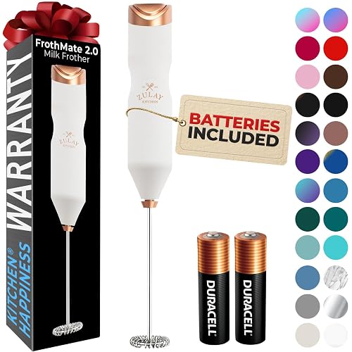 Zulay Kitchen Powerful Frother Wand AA Batteries Included, Ultra Fast Handheld Drink Mixer, Comfort Milk Frother, Stainless Steel Whisker, Frother Handheld for Coffee, Protein & Matcha - Frothmate 2.0