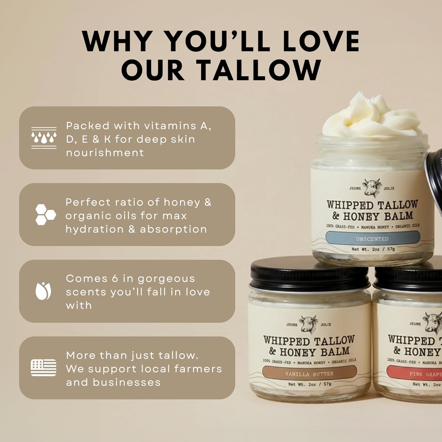Whipped Grass-Fed Tallow Balm & Manuka Honey For Skin Face Body - Organic Jojoba & All-Natural Moisturizing Cream for Nourished, Soft Skin - Handmade All-Natural Moisturizer (2 Oz, Tea Tree)