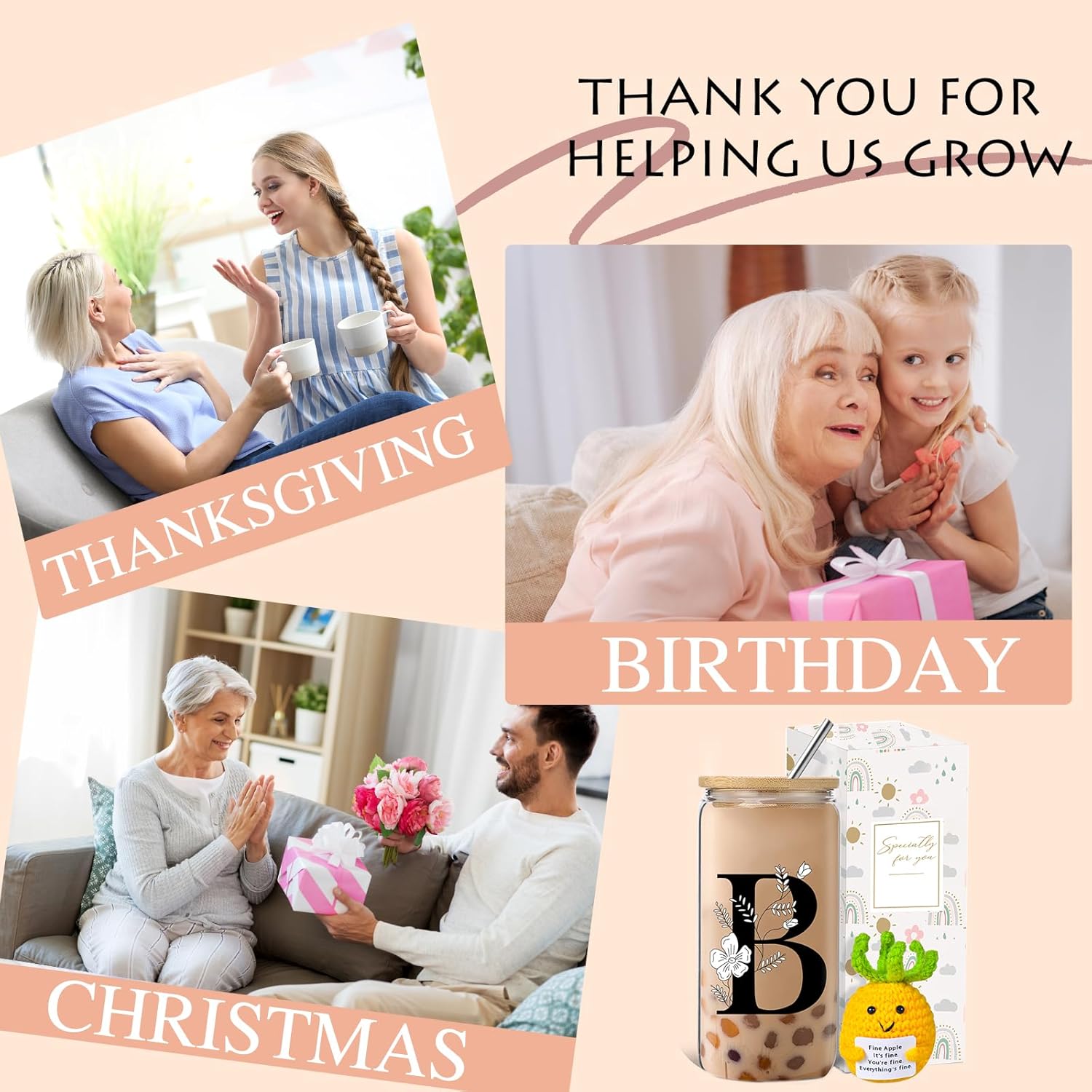 Monogrammed Initial Glass Cup with Lids and Straws, Personalized Gift Set with Doll, 16 Oz Ice Coffee Cup for Women, Birthday Christmas Mothers Day Gift for Her, B - Image 5