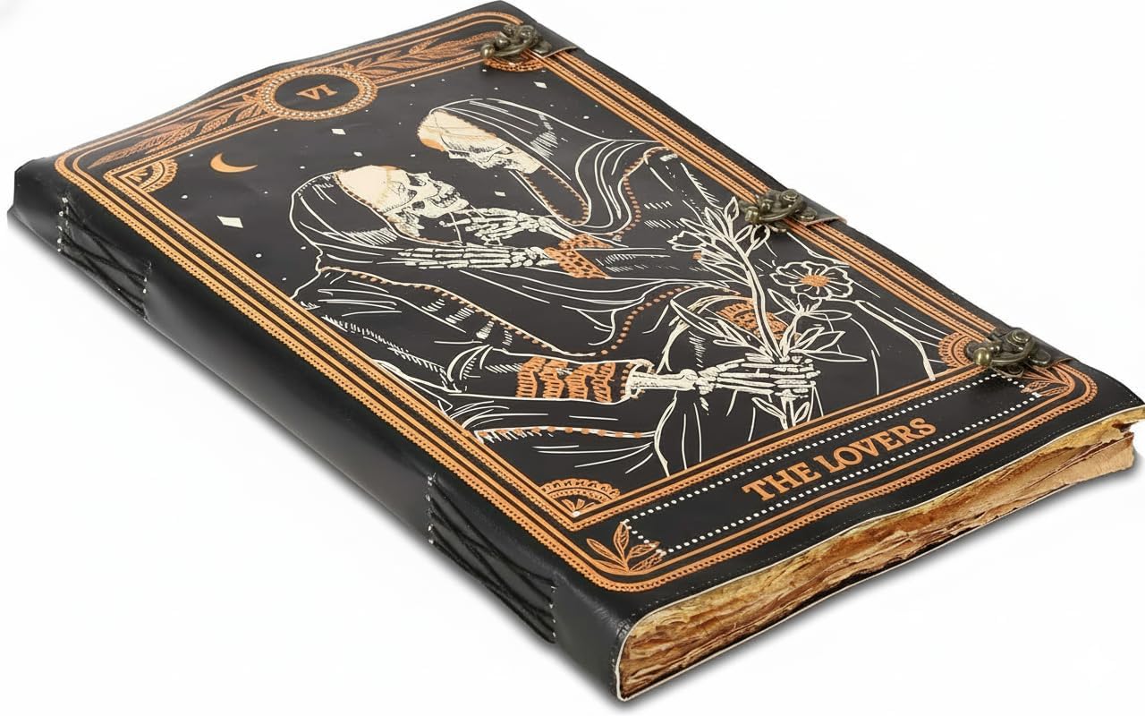 TUZECH Book of Spells Leather Bound Journal Deckle Edge Paper Grimoire Printed Diary Notebook Spiral Gothic Notebook Antique Vintage Book for Men and Women 22 Inches (The Lovers)