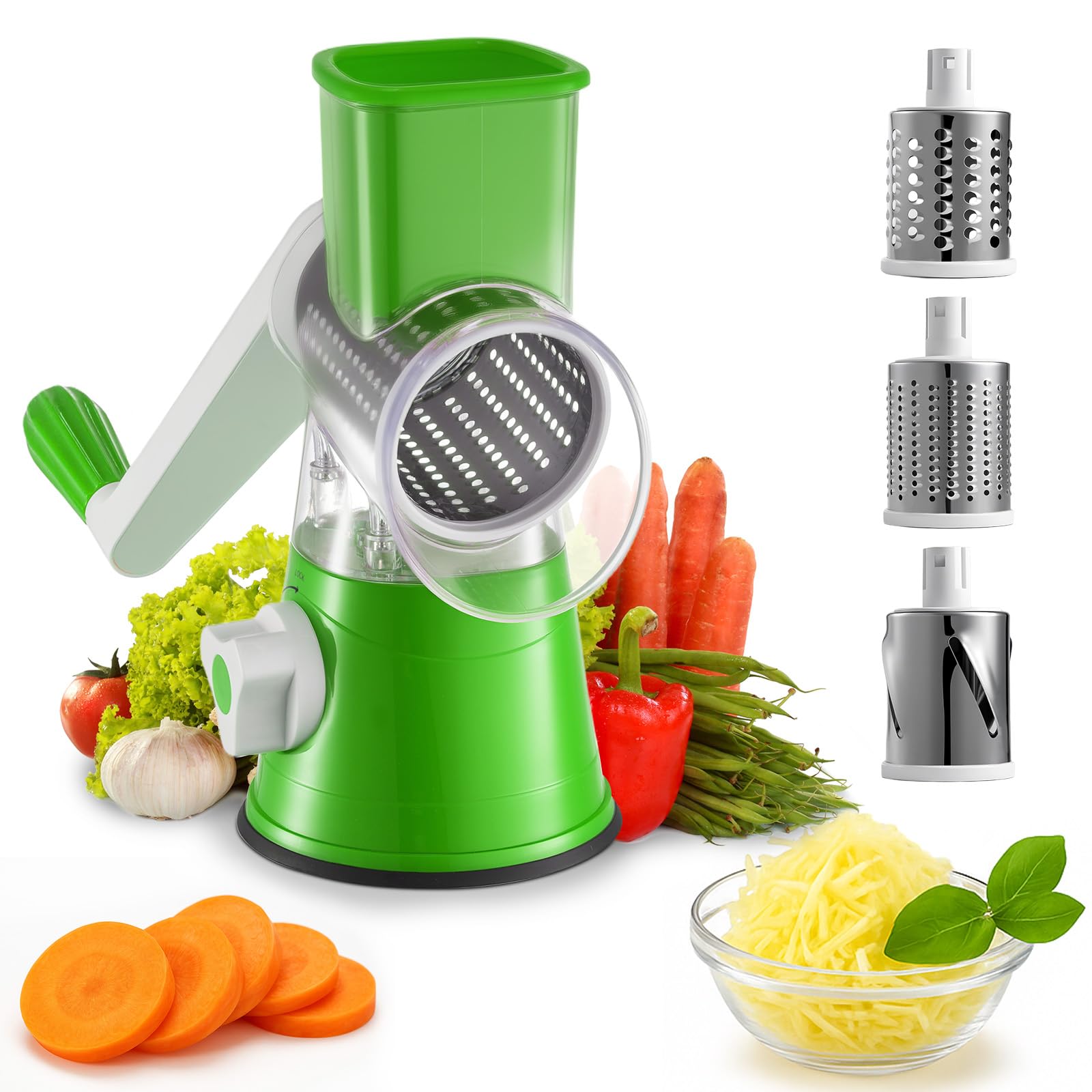 GREENSAPPIRE 4-in-1 Rotary Cheese Grater Mandoline Slicer with Container Handheld Vegetable Shredder for Hard Cheese, Nuts, Fruits & Carrots (Green)
