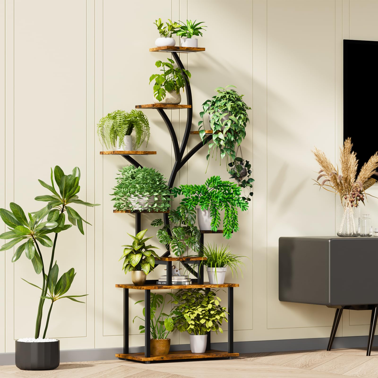 Soporte Plantas Interior de 9 Pisos con Luz de Crecimiento, 161 CM Estanteria para Plantas de Metal Altas Forma de S para Múltiples