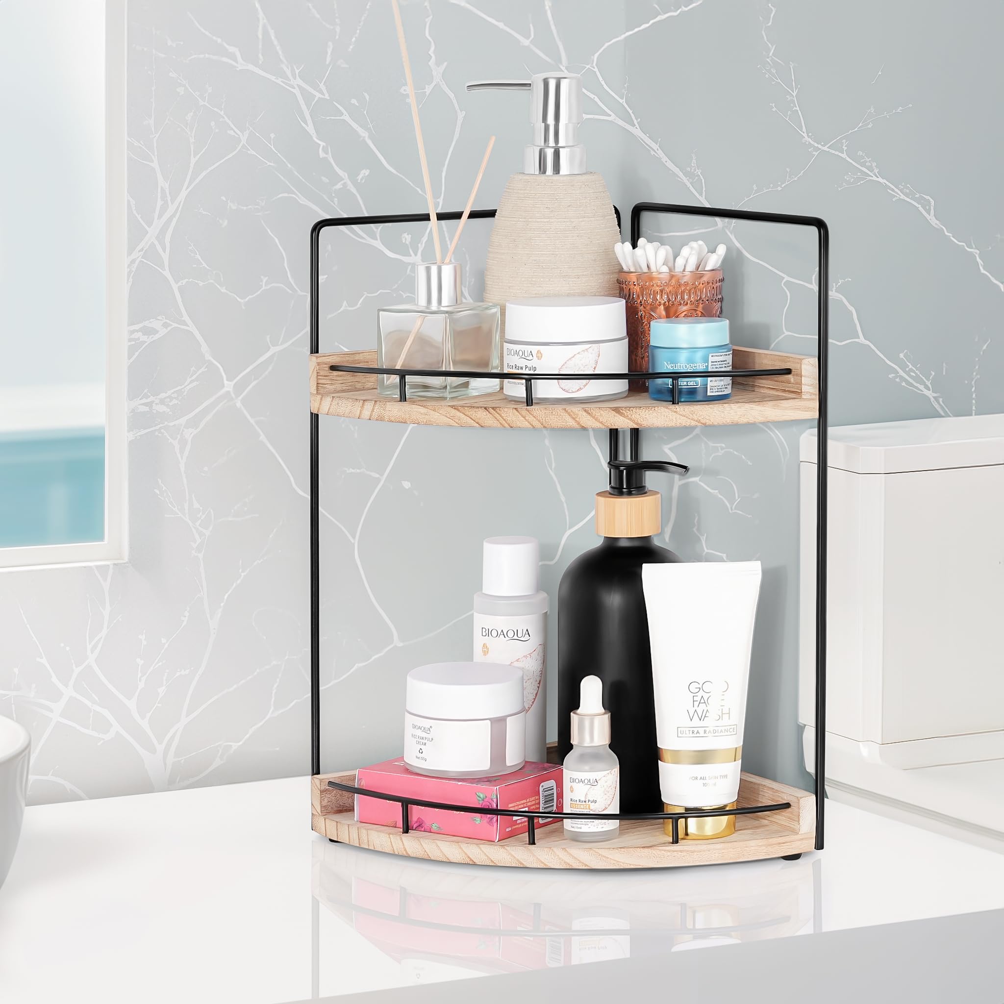Winter Shore Scaffale 2 Ripiani Angolare in Legno - Scaffale Bagno - Scaffale Angolare per Bagno - Ripiano Salvaspazio Cucina, Lavandino Bagno, Ripiano Portaprofumi e Portaoggetti per Toilette