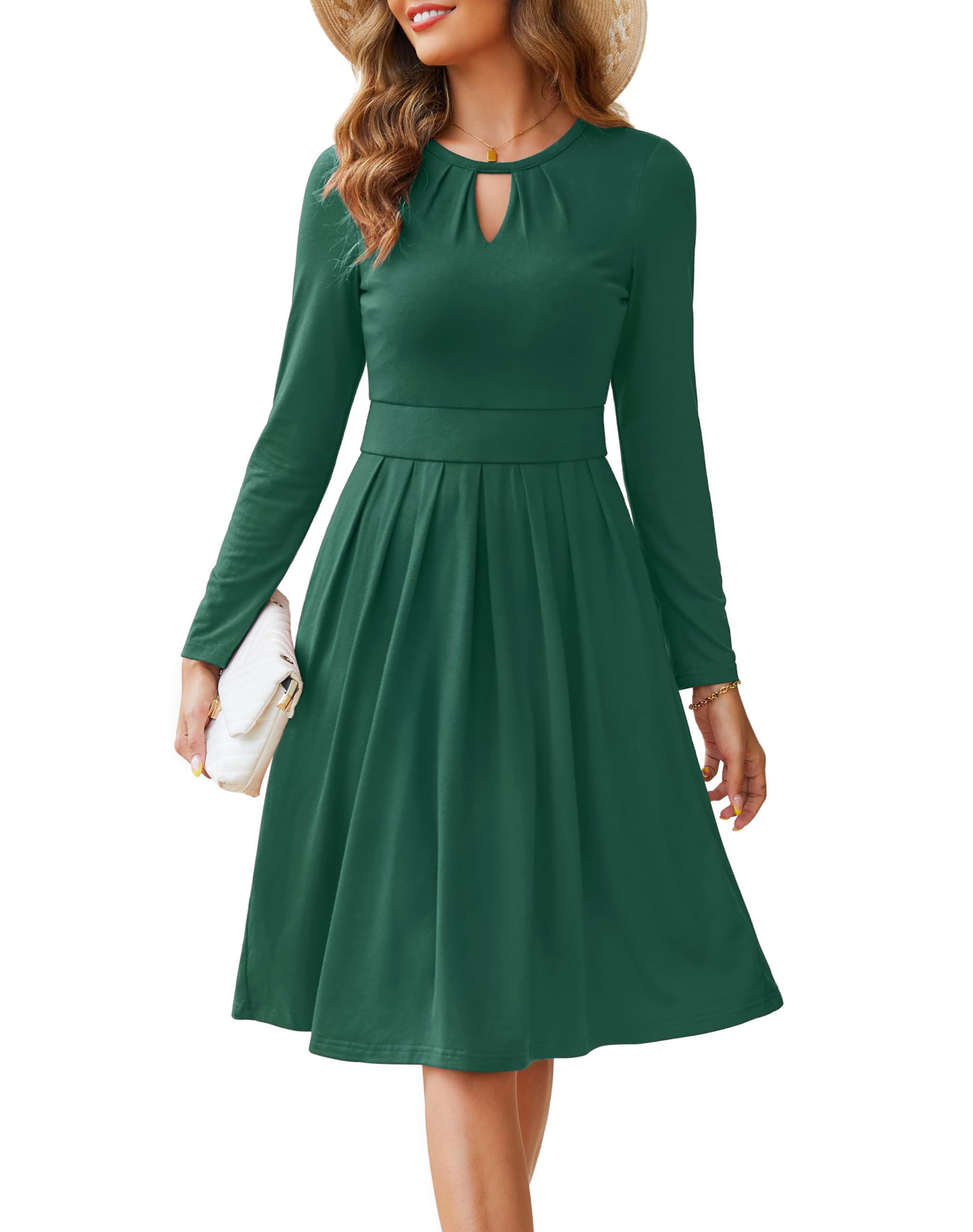 Annebouti Womens 2026 Spring Long Sleeve Keyhole Neckline A-Line Pleated Casual Semi-Formal Midi Dress with Pockets