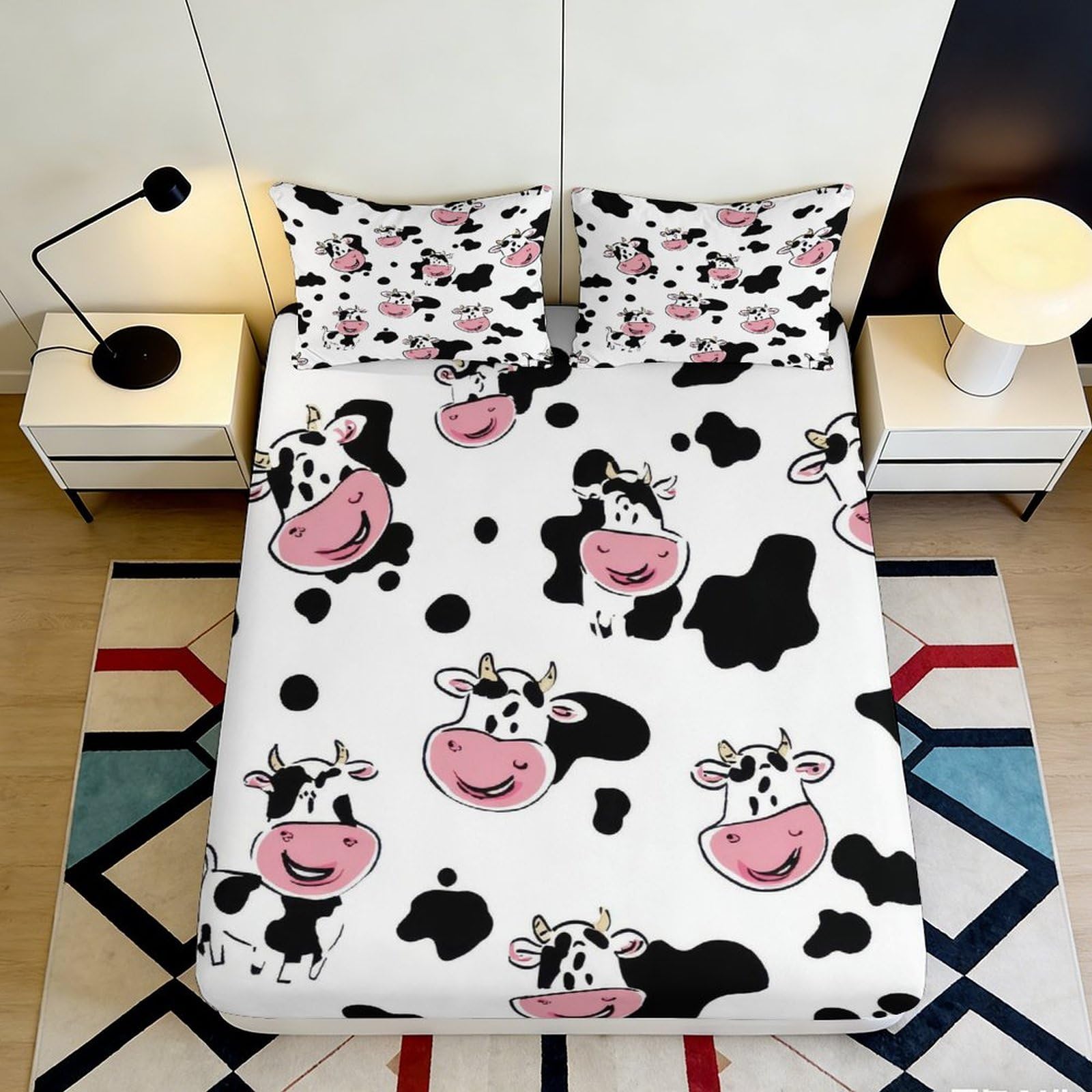 3D Printed Cartoon Cow Fitted Sheet Microfiber Soft Breathable Animal Pattern Bed Cover for Bedroom Dormitory Guest Room Mattress Protection Decor 90x200x25cm
