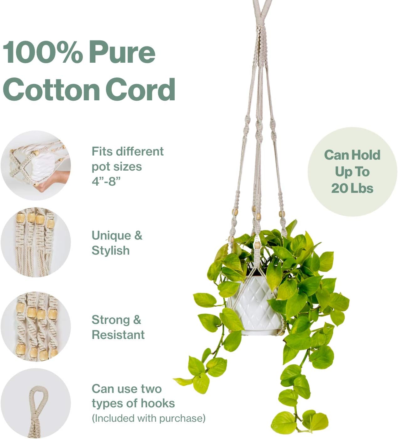 Encore Essentials Macrame Plant Hangers Indoor w/ 2 Hooks - Indoor Outdoor Cotton Rope Hanging Planter Basket with Decorative Wood Beads - Hanging Flower Pot Holder - Boho Plant Hanger Style