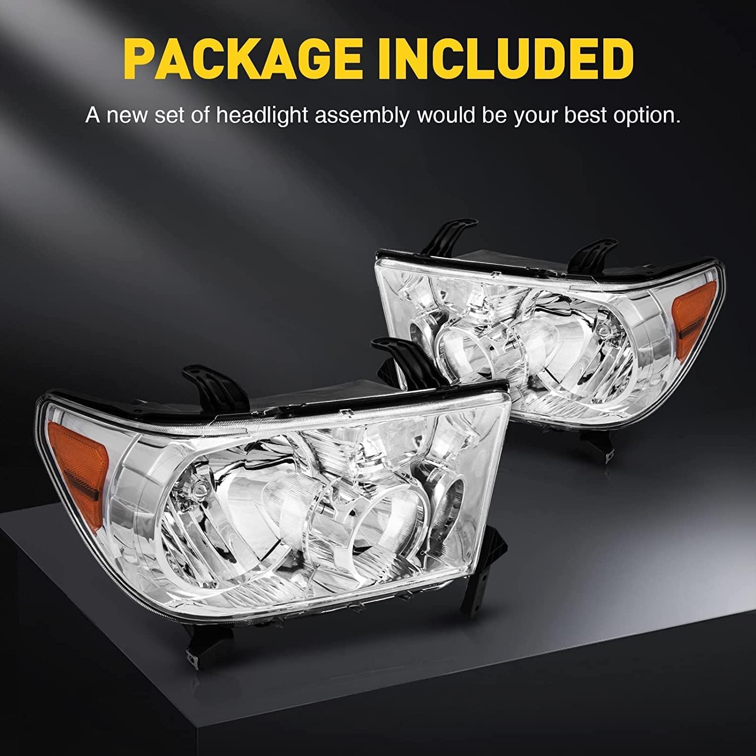 KAX Headlight Assembly Set Pair for Tundra 2007-2013 and Sequoia 2008-2017 Chrome Housing (Driver and Passenger Side), Auto Parts Replacement