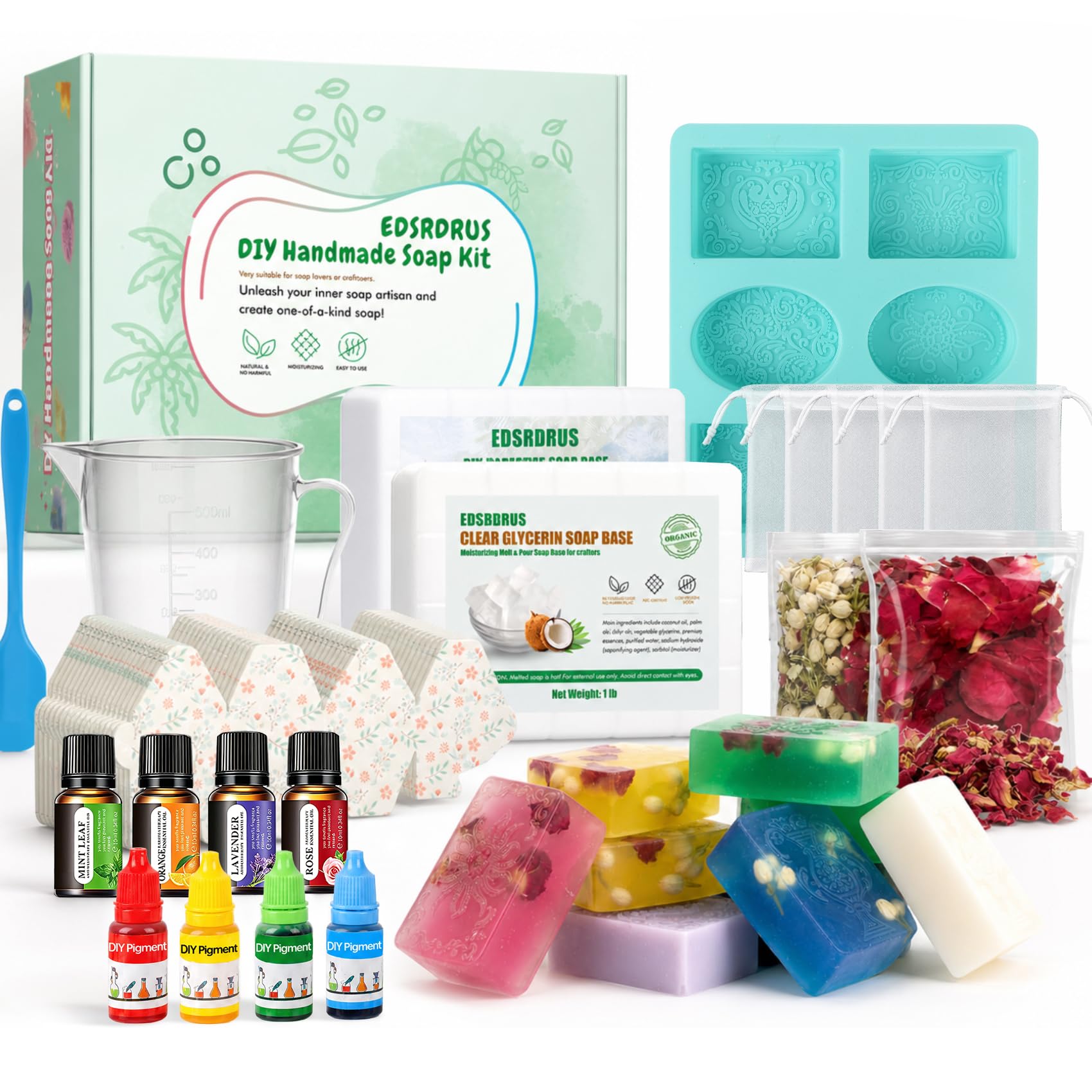 EDSRDRUS Zestaw do robienia mydła DIY dla początkujących – 0,9 kg roztopić i wlać bazę mydła, kwiaty, formy, olejki eteryczne, pigmenty, 10 pudełek na prezenty i torby w zestawie!