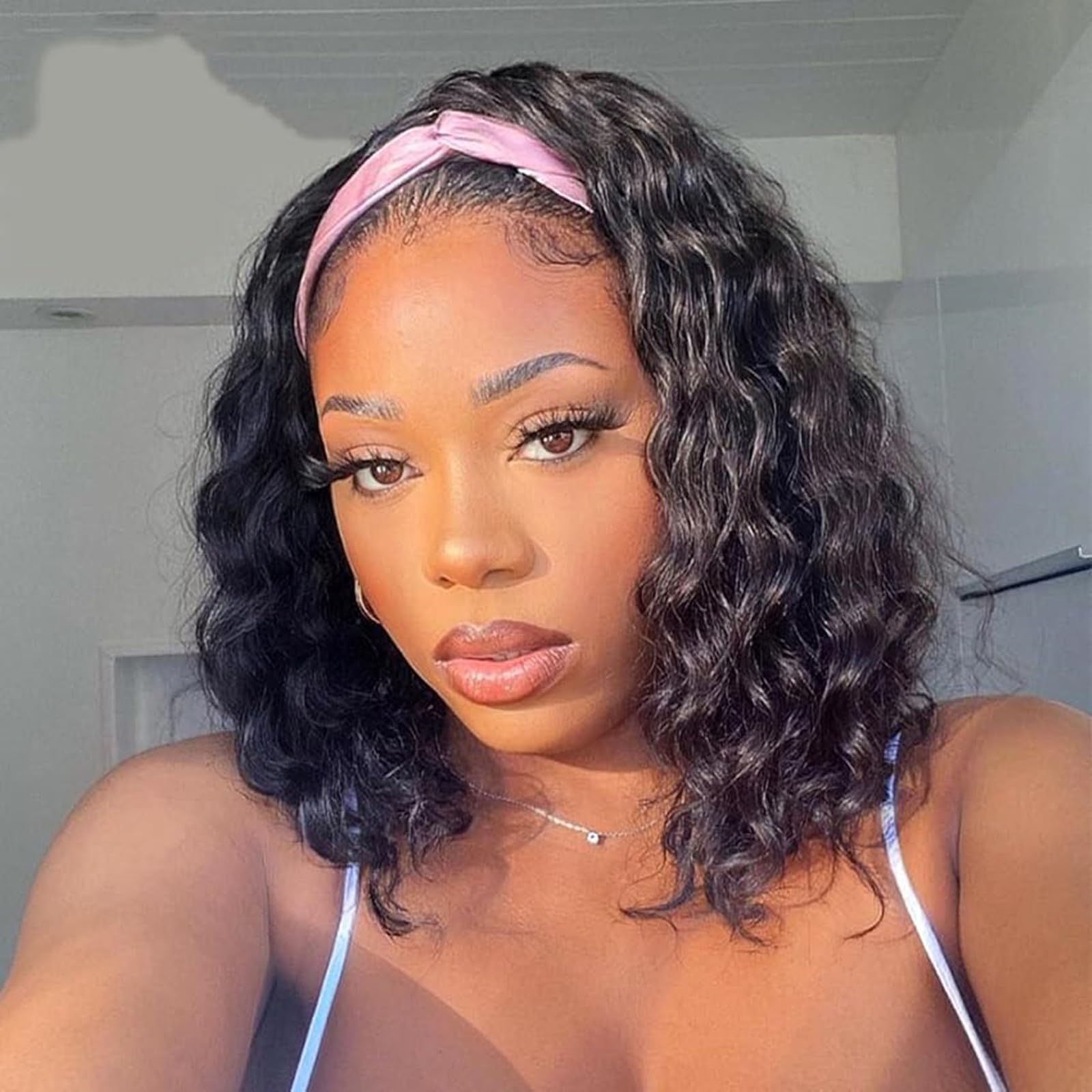 Short Headband Wig Water Wave Human Hair Wig For Women 12 Inch 150% Density No Lace Curly Headband Wig For Women Human Hair Curly Hair Glueless Wig Made Full Machine Natural Looking