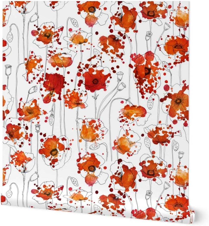 Peel & Stick Wallpaper 3ft x 2ft - Red Poppies Wildflower Meadow Poppy Painterly Ink Poppy Memory Custom Removable Wallpaper by Spoonflower