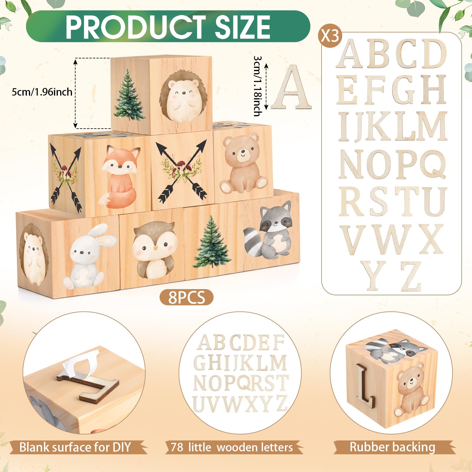 Wonderjune Letrero de madera con nombre de animales del bosque, 8 bloques de animales del bosque con 78 letras de madera, cubos de madera para guardería, baby shower, nombre del alfabeto, letreros de