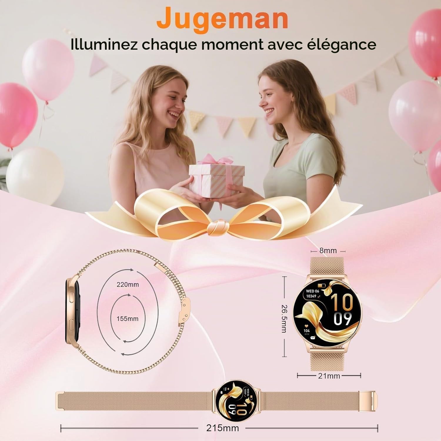 Jugeman Montre Connectée Femme, 1.33" Smartwatch avec Appel Bluetooth, Gold | Smartwatch Rond Fréquence Cardiaque/SpO2/Sommeil Montre, 120 Mode+Sportifs Montre, IP68 étanche Fitness Podomètre Android iOS