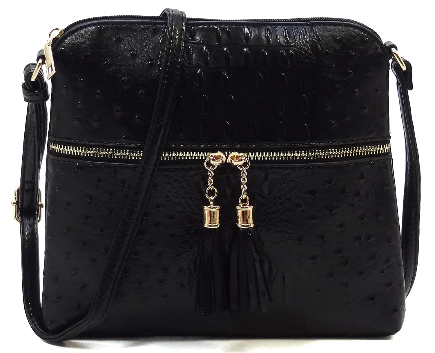 Ostrich Croc Tassel Zipper Pocket Crossbody Bag Animal Pattern Printed Shoulder Bag Womens Purse Satchel