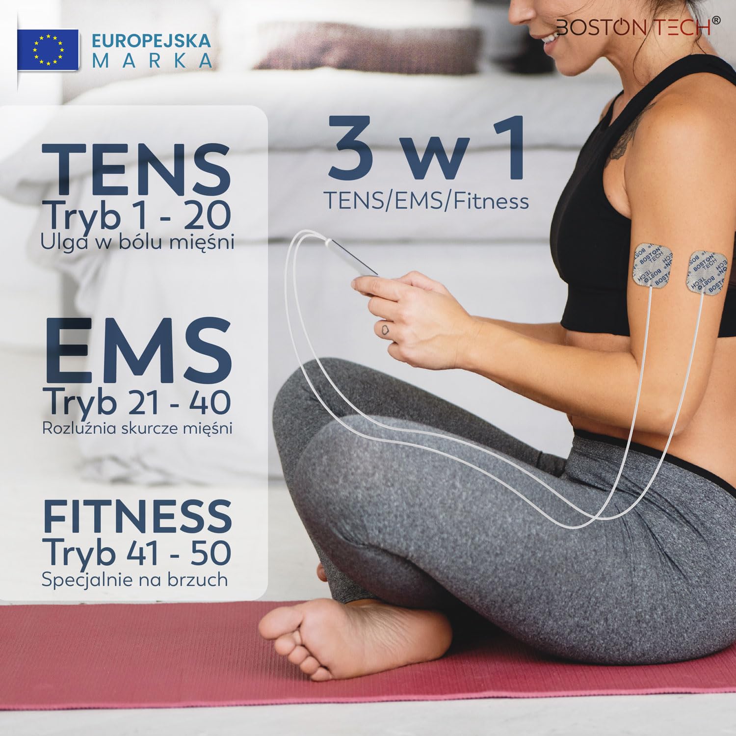 Boston Tech Elektrostymulator mięśni. TENS z 2 niezależnymi kanałami, z 3 trybami pracy TENS/EMS/Fitness. 50 ustalonych programów. 4 elektrody + 16 w prezencie, łącznie 20
