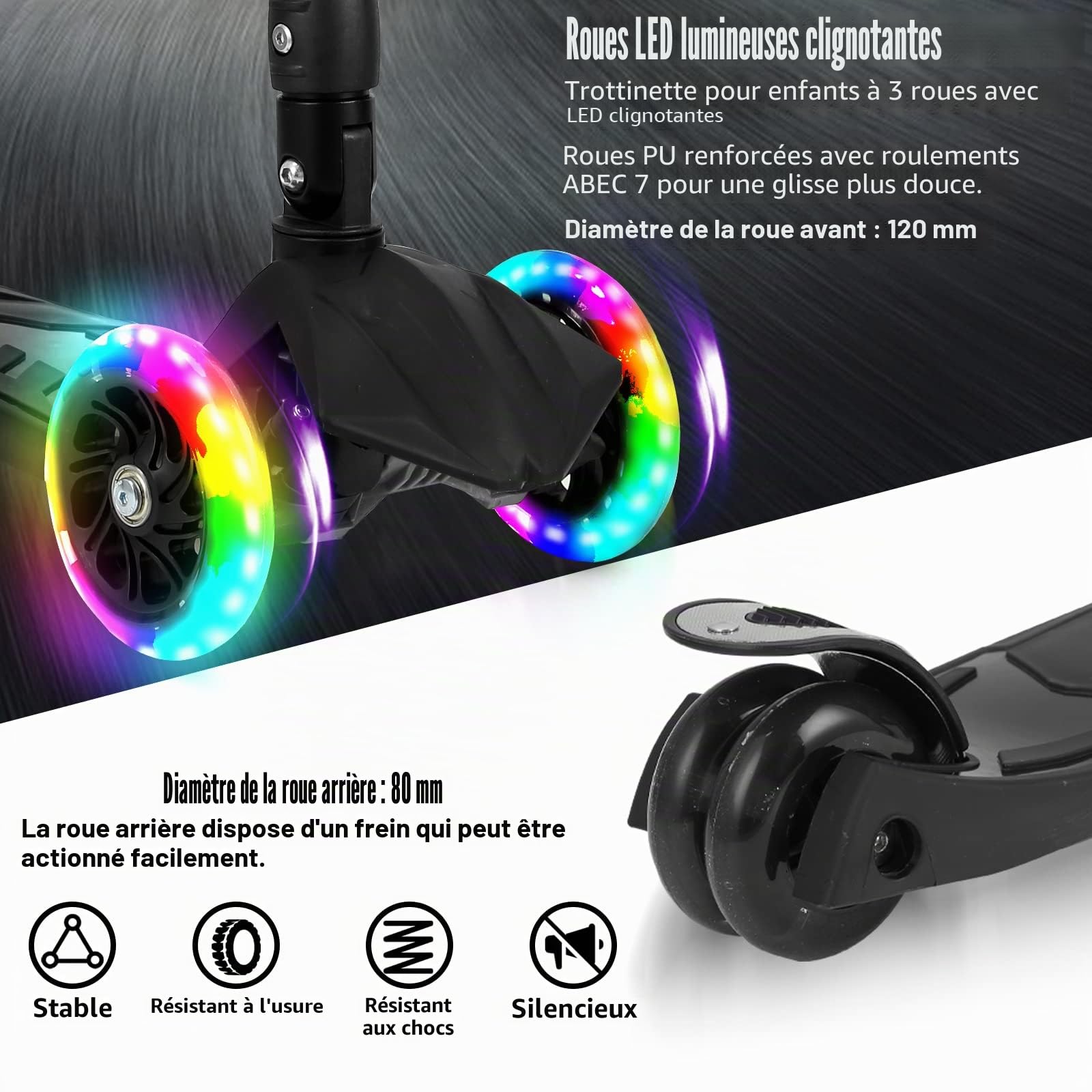 Trottinette à 3 roues pour enfants à partir de 3 à 14 ans - Avec 3 roues lumineuses LED - Hauteur réglable - Pliable - Freins arrière - Maximum 50 kg