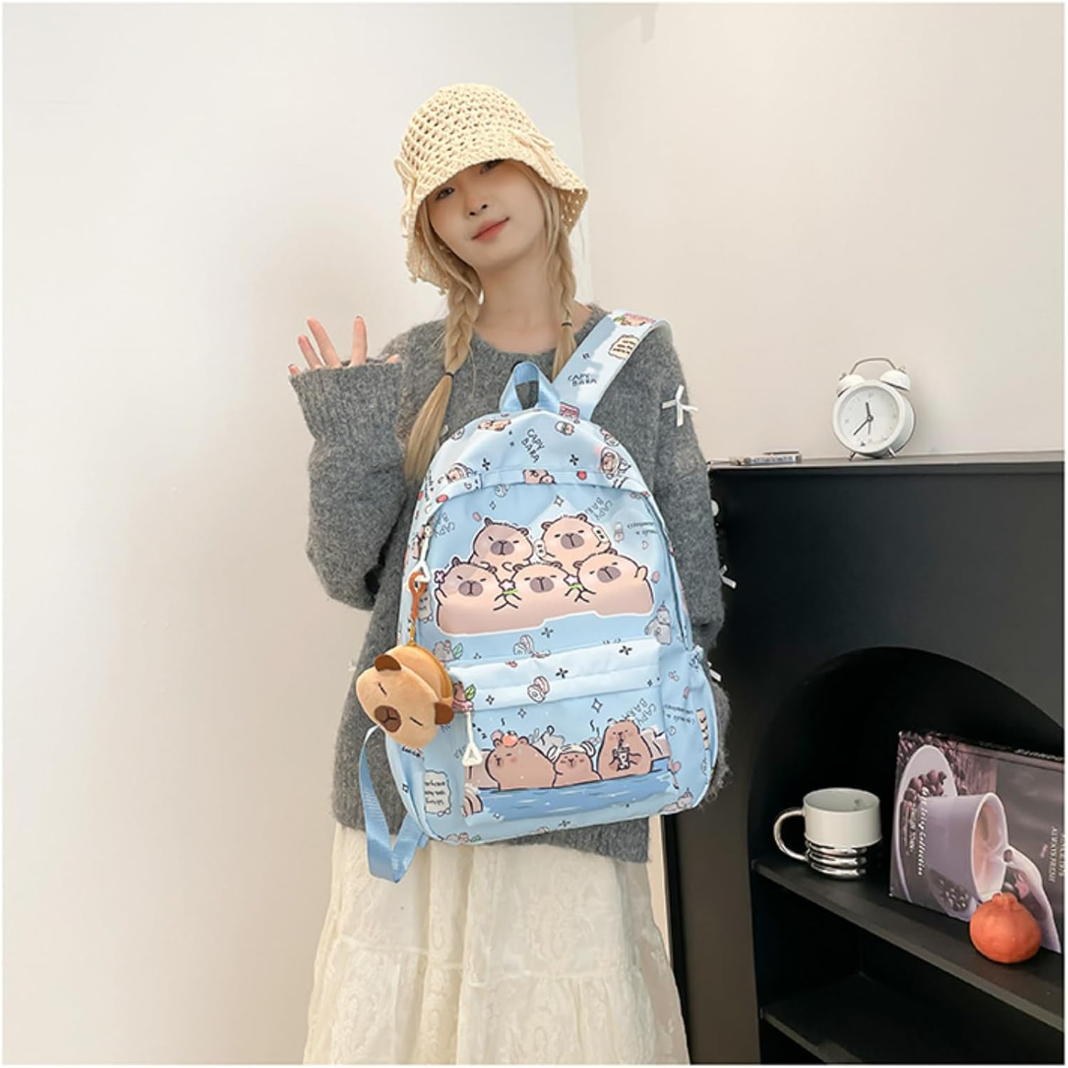 Capybara Fashionable Print Large Capacity Backpack with Pins and Accessories For Adults Ita Bag (Blue) - Image 3