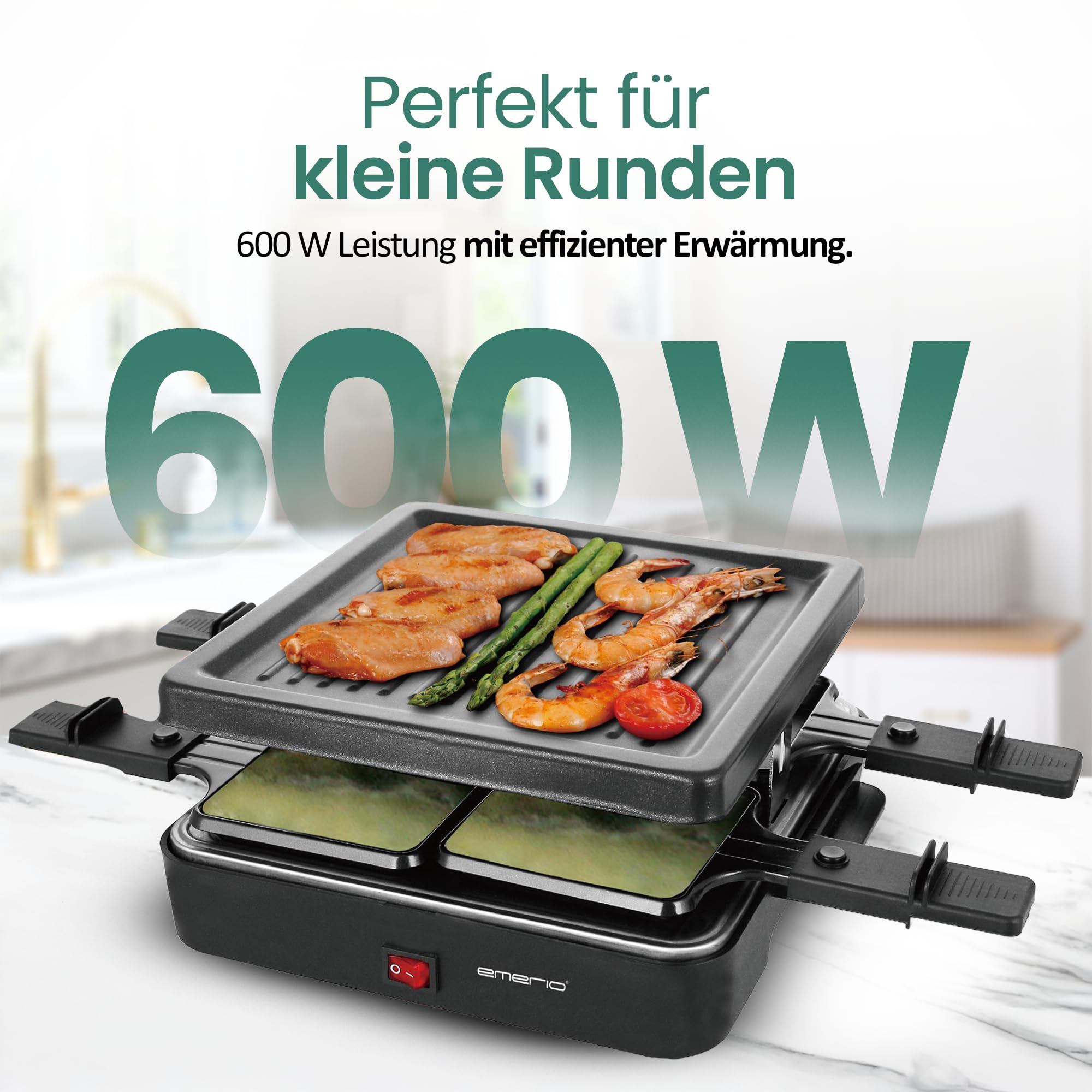 Emerio Griglia per raclette, 4 padelle, Piastra Antiaderente (RG-120656)