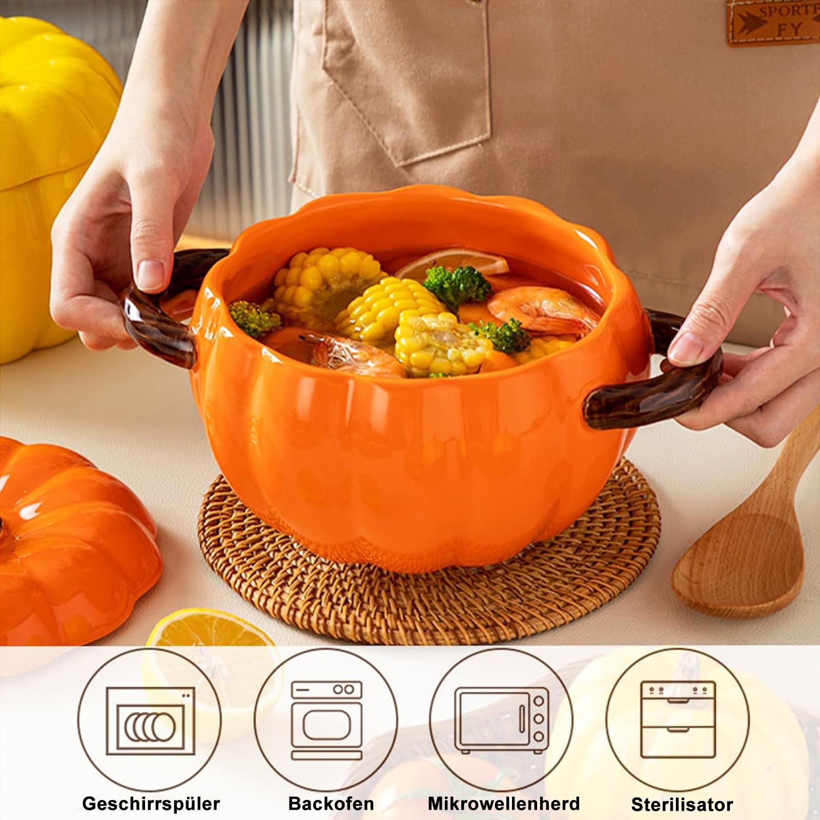 Maxspace Cacerola con tapa, 17 cm, 1,9 L, cerámica calabaza, bonita sartén para horno, lavavajillas, microondas (naranja)