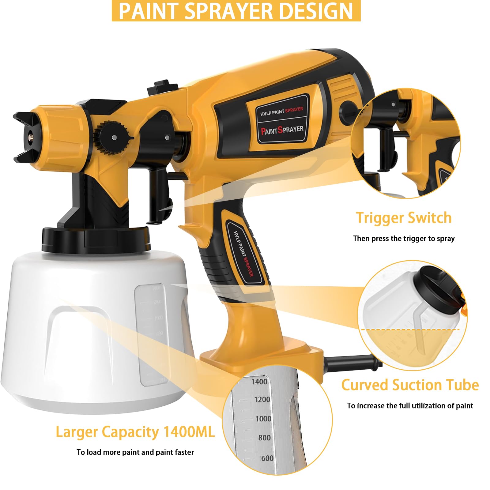 TOPALL Pistola per Verniciare,Pistola a Spruzzo per Verniciare,850W 32000PRM 1400ML HVLP Elettrica Pistola Vernice a Spruzzo,con 5 Ugelli e 3 Modelli,Pistola Spruzzo per Vernice