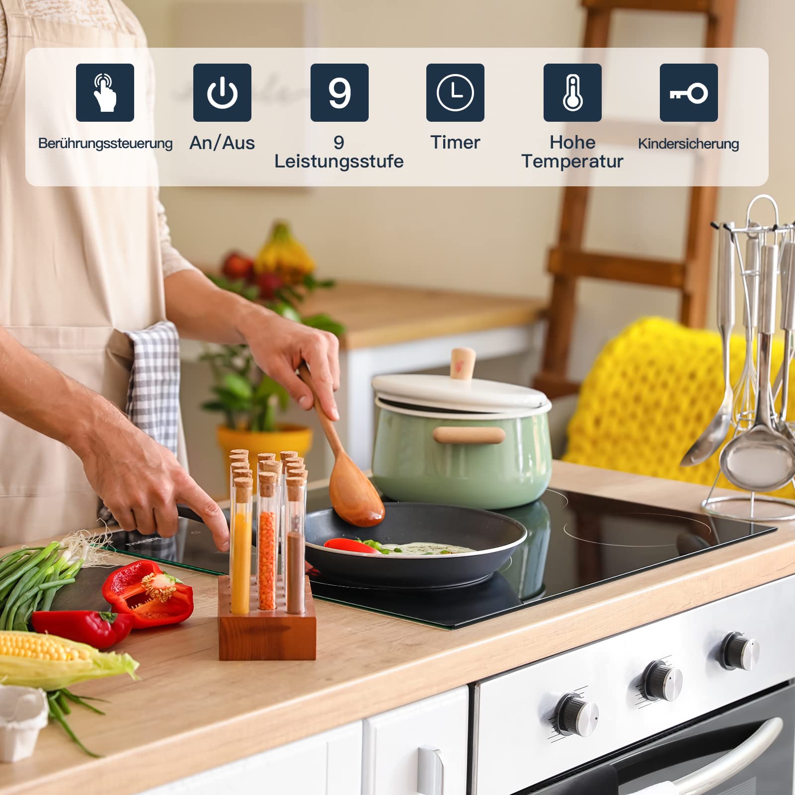 Plaque Vitrocéramique 3 Feux Encastrable, IsEasy Table de Cuisson Vitroéramique 3 Feux, 5500W, 9 Niveaux de Puissance,Plaque de cuisson Electrique 60cm, Minuteur - 4