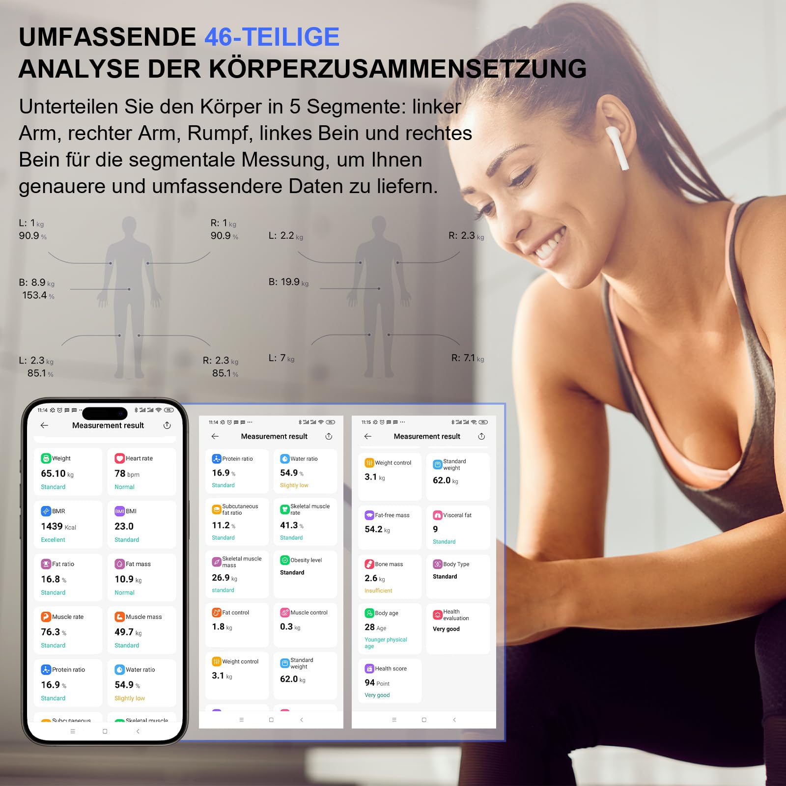 Healthkeep Personenwaage, Impedanzmesser, vernetzt, WLAN & Bluetooth, mit 8 Elektroden, hohe Präzision, 46 Körperdaten, für App, inklusive Android und iOS, Kapazität 180 kg/400 lb, 30 x 30 cm