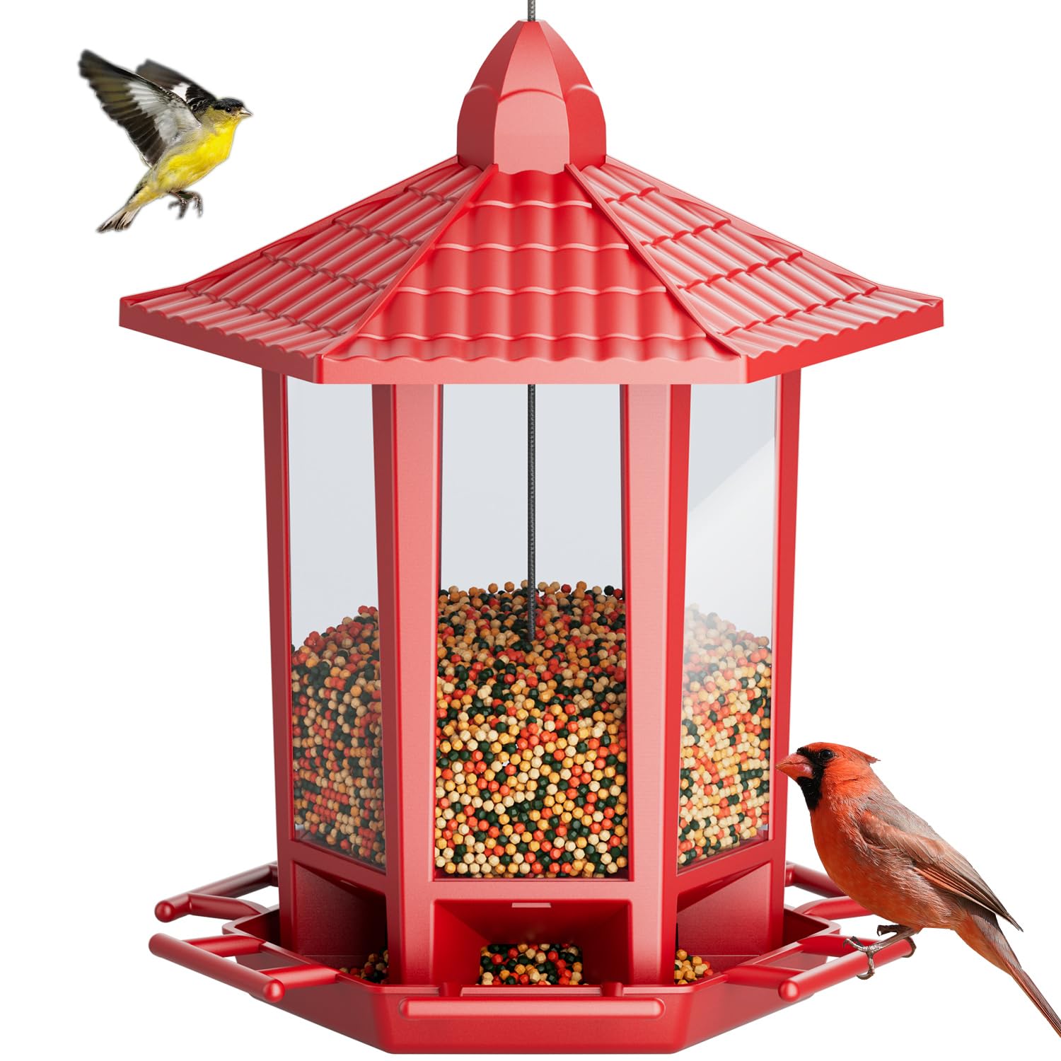 Birdream Wiszące karmniki dla ptaków na zewnątrz, zabawna instalacja pagoda design dziki karmnik dla ptaków, przyciąganie dzikich ptaków wróble zięba kardynał szczygieł kurczak - czerwony