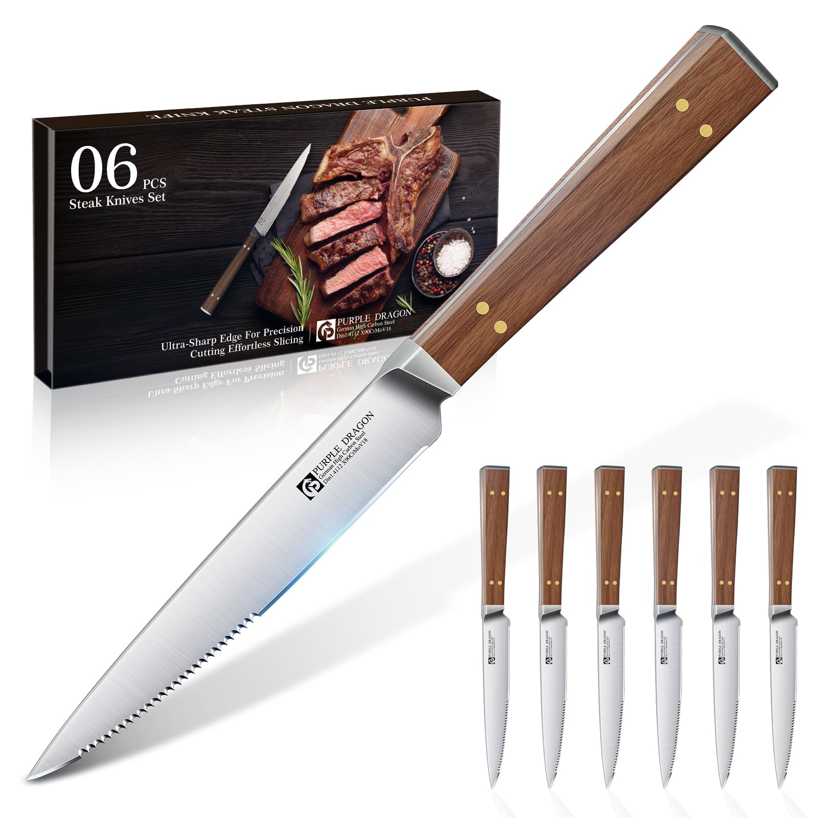 Purple Dragon Steakmesser 6er Set mit Wellenschliff - Holzgriff, Edelstahl