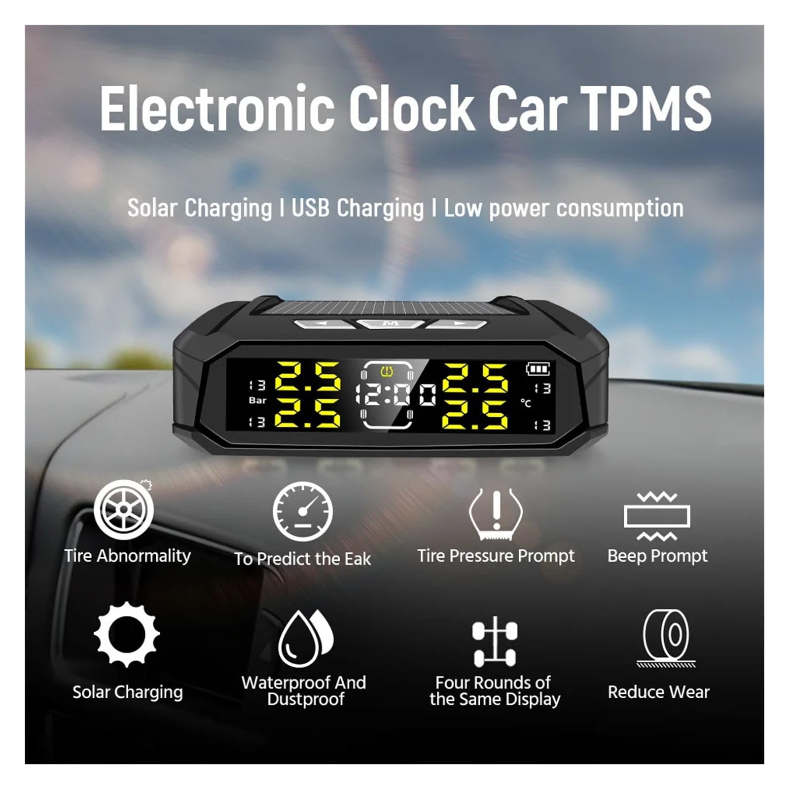 Zasilanie Energią Słoneczną TPMS Monitor Ciśnienia W Oponach Samochodowych Zegar Elektroniczny Ekran LCD Ostrzeżenie O Temperaturze Bezpieczeństwa Precyzyjne Wykrywanie(K19P)