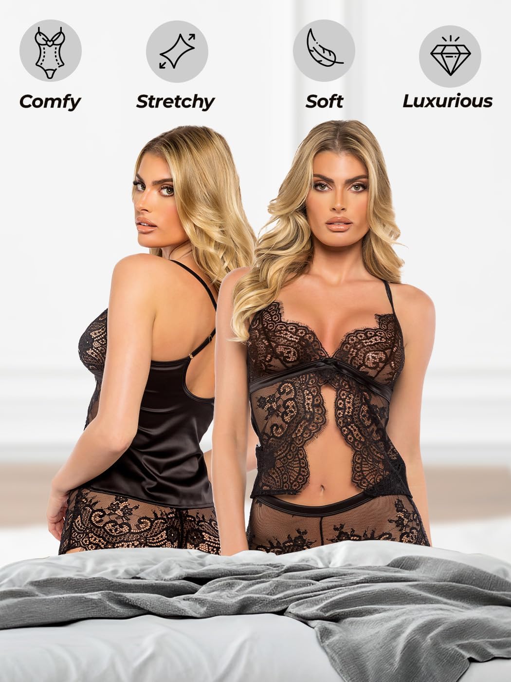Roma Confidential Sexy Pajama Set for Women Dreamers Lust Cami and Shorts Lingerie Set in Satin & Lace Sleepwear PJs Black