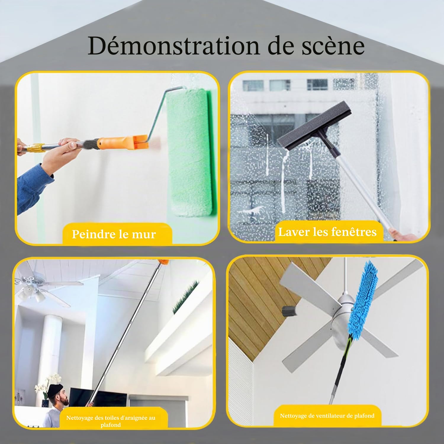 Rouleau de peinture extensible de 2,8 m, 7 sections en acier inoxydable avec adaptateur conique, réglable (80 cm-280 cm) pour peindre les murs, les plafonds, les sols et le nettoyage des fenêtres