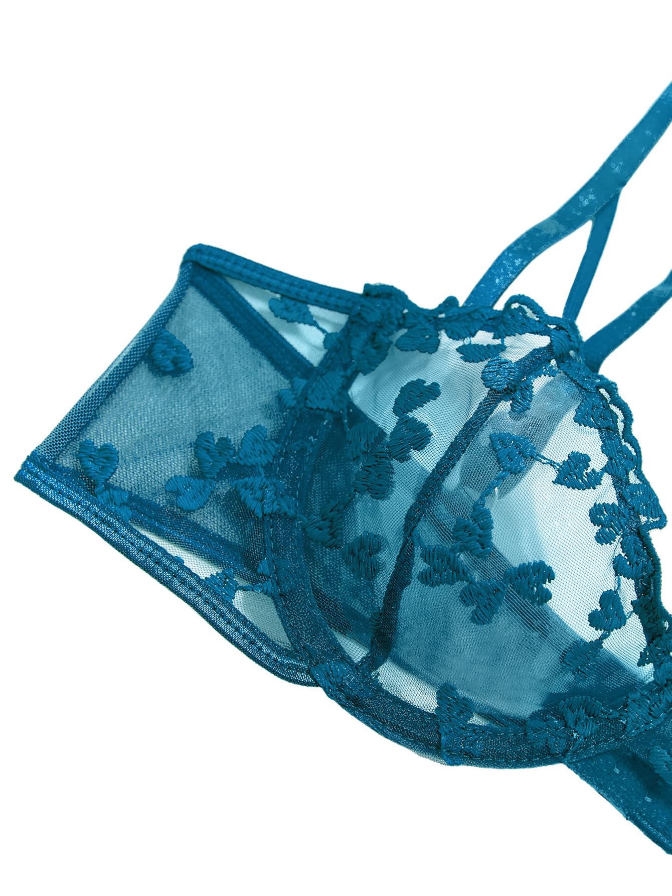 Lilosy Sexy Underwire Cute Push Up Strappy Embroidered Mesh Sheer Lingerie Set See Through Panty Bra: Bowless Medium Turquoise