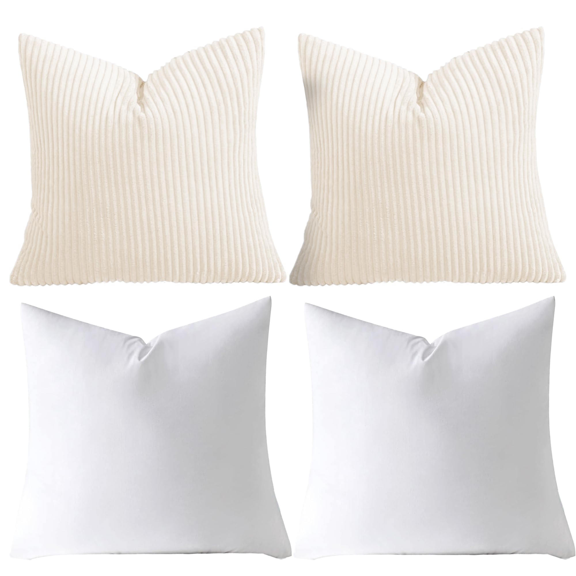 AMEHA Stripe Cream Velvet Cushions with covers included Pack of 2 (2 Covers 45 x 45 cm, 2 Inserts) Square throw Pillowcases with Invisible Zipper for Sofa Bed Livingroom 18”x18” inches