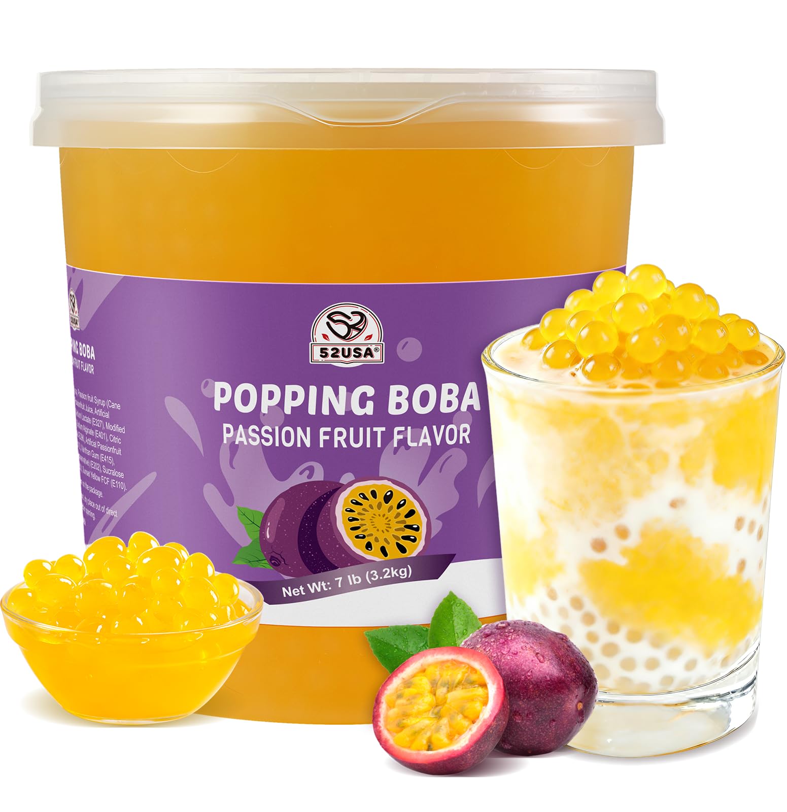 52USA Passion Fruit Popping Boba Peals 7.05 Pound (3.2kg), Bursting Boba Pearls for Bubble Tea, Beverages, Ice Cream, Shakes, Yogurt, Desserts, Smoothies & Drinks Toppings