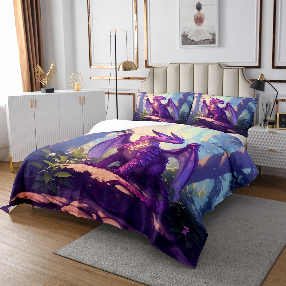 Homewish Purple Dragon Bedspread King Size,Cartoon Dragon Quilt for Kids Boys Girls Room Decor,Western Magical Animal Bedding Set 3Pcs,Jungle Plant Wildlife Microfiber Coverlet Set,2 Pillowcases
