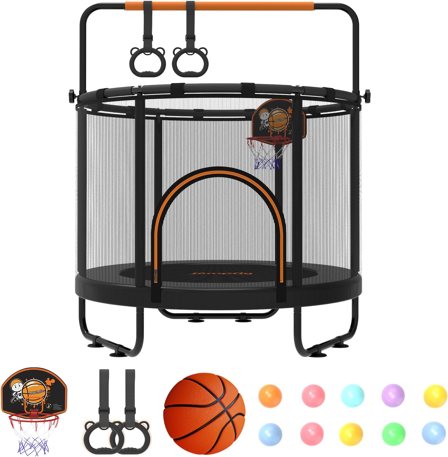 jumpfly 5FT Trampoline for Kids, Toddler Trampoline Indoor with Adjustable Gym Bar, Mini Trampolines for Ages 1-6,Small Trampolines for Baby with Net,Gift for Boys&Girls,BastketBall Hoop