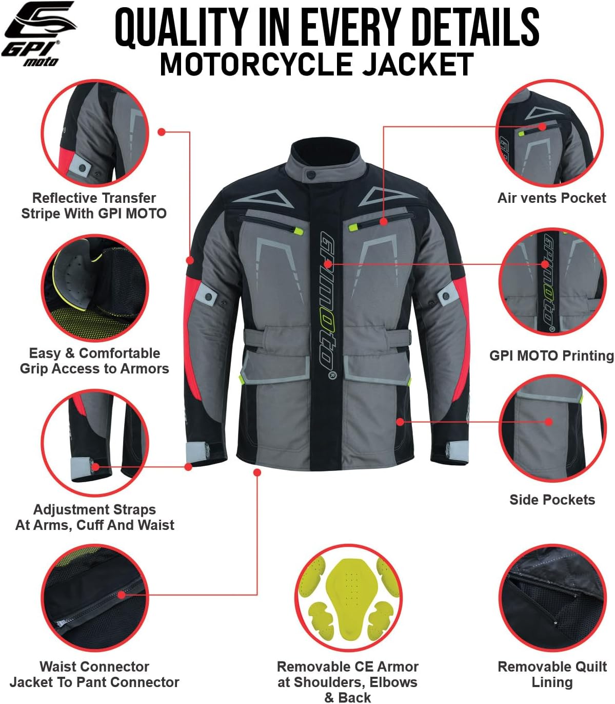 GPI MOTO Adventure/Touring Motorcycle Jacket for Men Oxford Fabric Detachable Liner for enduro Biker CE Armor & Waterproof