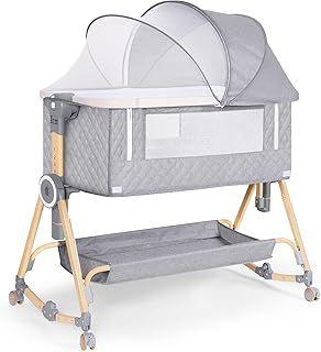 Baby Bassinet 5 in 1,Baby Bedside Bassinet with Diaper Changer, Mosquito Net, Mattress, Storage Layer, Can Be Stored in One Button Travel Crib (Gray)