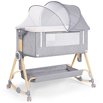 Baby Bassinet 5 in 1,Baby Bedside Bassinet with Diaper Changer, Mosquito Net, Mattress, Storage Layer, Can Be Stored in One Button Travel Crib Gray