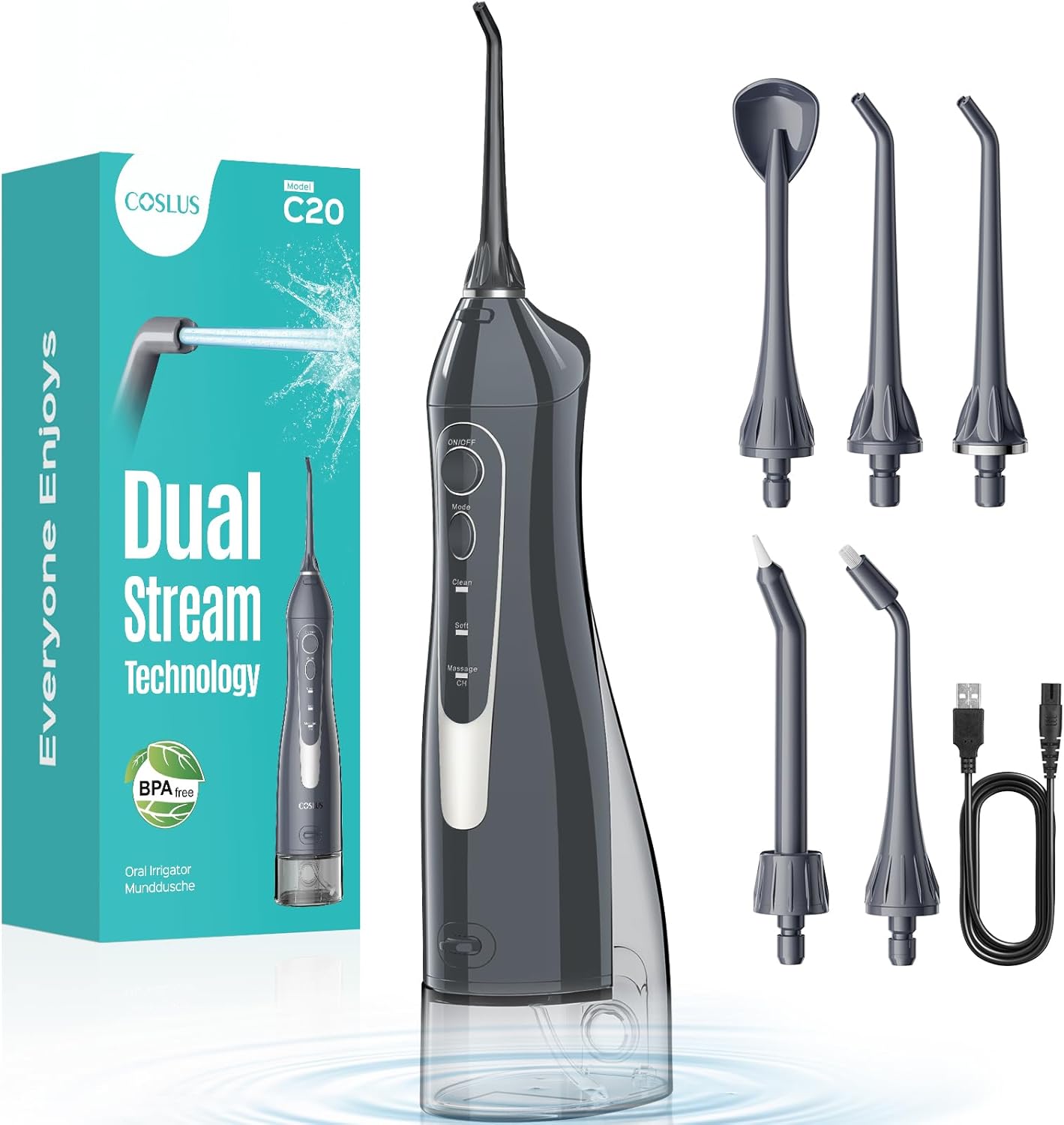COSLUS C20 Portable Water Teeth Flosser, 300ML Larger Tank | Cordless Water Electric Flossing, Rechargeable Portable for Travel, Multiple Modes for Home Family, IPX7, Gray,1Pcs