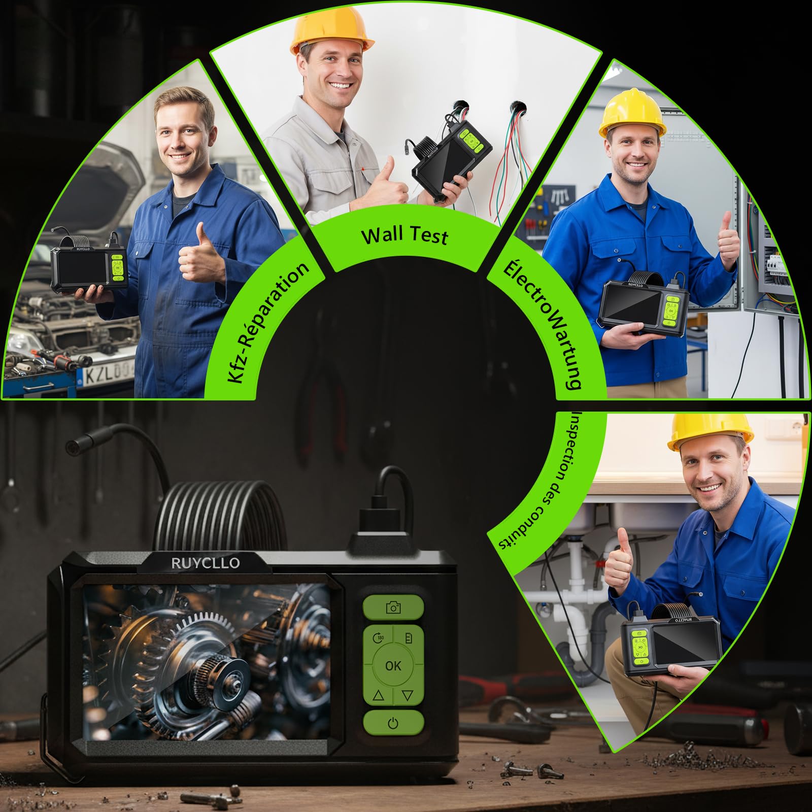 Camera Endoscopique 4.3'' Écran IPS 1080P HD – Caméra d'Inspection Étanche IP67 avec 8 LED et Sonde 8mm, Câble Semi-Rigide 5M avec 32GB Carte TF pour Canalisation, Voiture, Tuyau, Atelier